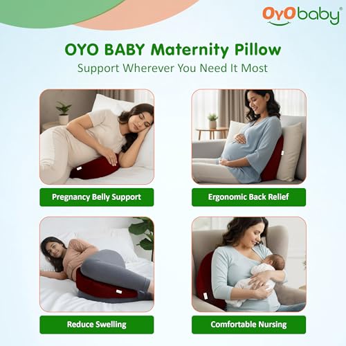 Image of OYO BABY Memory Foam Maternity Pillow Wedge - Maroon | Full Pregnancy Support for Belly, Back, Hips & Legs | Ideal for Side Sleepers & Relaxation