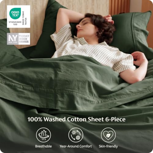 Image of Bedsure PureWoven 100% Washed Cotton Sheets King, Linen-Like Textured, 6PCS