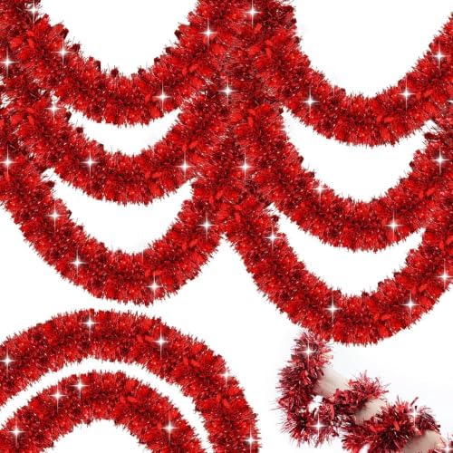 50FT Red Christmas Tinsel Garland, Extra Thick Shiny Red Metallic...