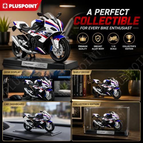 Image of PLUSPOINT Diecast 1000RR Motorcycle Model 1:10 Scale | Alloy Metal Super Bike Simulation Toy with Realistic Details | Collectible Motorbike Model for Kids, Adults, Desk & Car Dashboard Display