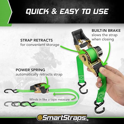 Image of SMARTSTRAPS Retractable Ratchet Tie Down Straps (4 PK) 1,500lb Break Strength, 500lb Safe Work Load, Standard Duty, Secure and Haul ATVs, Lawn Tractors, Cargo, Boxes and Other Small Equipment