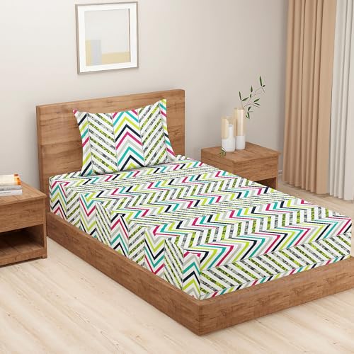 Image of Swayam Sparkle Collection Basic Comfort Roto Cotton 144TC Geometric Print Single Bedsheet with 1 Pillow Cover - Multicolour