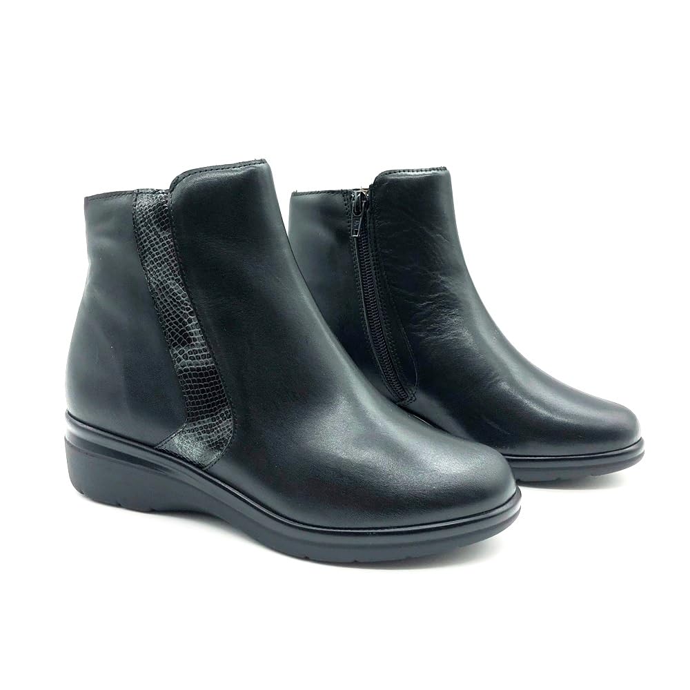 Pitillos - 10725 Botín de Mujer en Piel Napa con Detalle Serpiente, Plantilla Acolchada Extraíble, Cremallera Lateral, Cuña 4 cm, Suela Ligera Antideslizante – Negro, Hecho en España para: MUJER