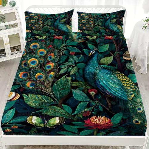 Matrimonial Sabana Bajera Ajustable 200x200 cm Bolsillo Profundo 30 cm PatróN De Pavo Real De La Jungla Transpirable y Suave Fácil de Cuidar Sábana Bajera Verde Para Decoración Dormitorio Ropa de Cama