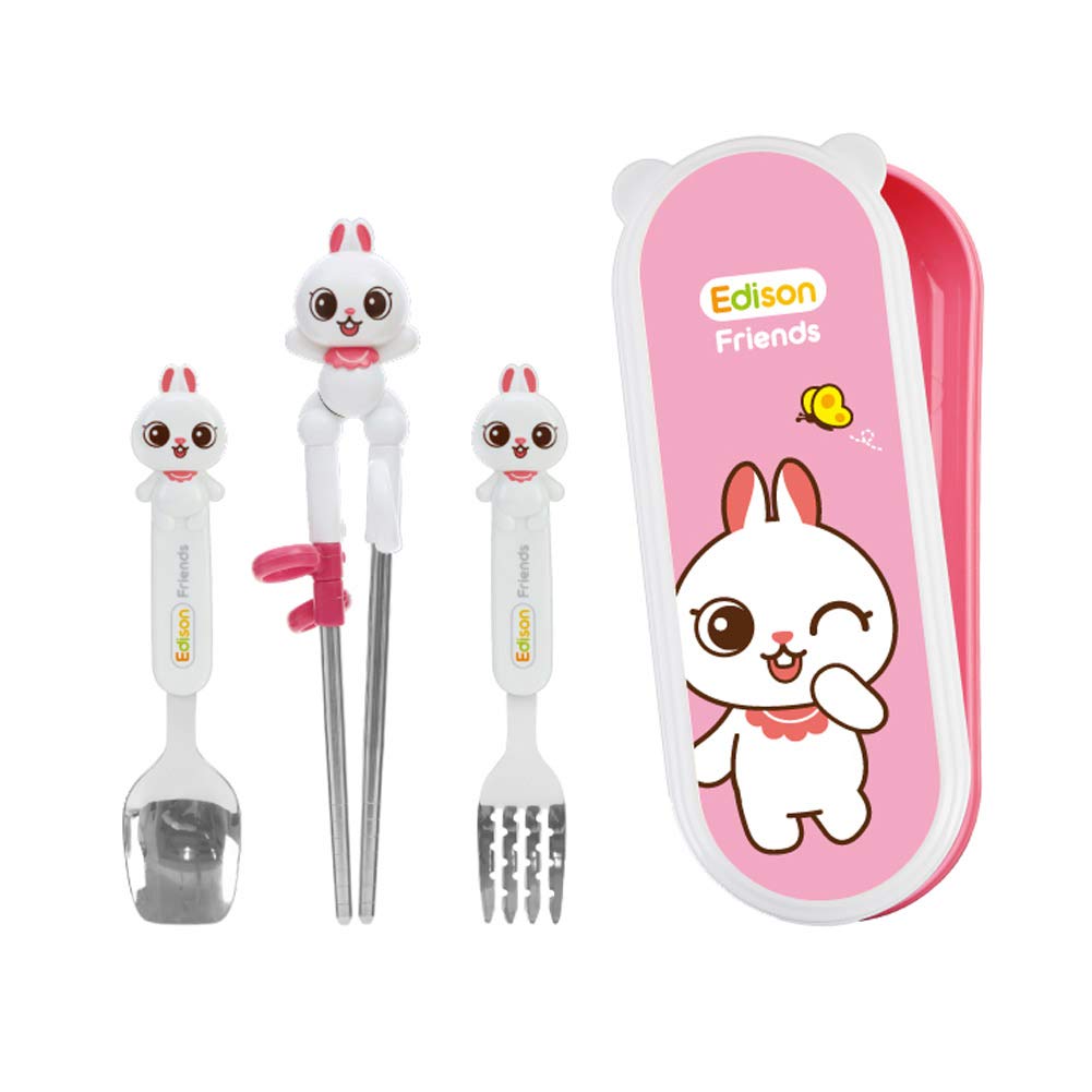 Edison FriendsKids Children Training Chopsticks Case Set with Fork - Right Handed, Pink, Bunny, Set of 4 pcs (Ranny)