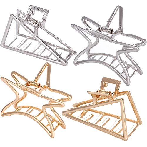 LONEEDY 4 Pack Metal Hair Claw Clips, Large Hair Catch Barrette Jaw Clamp for Women, Strong Jaw Clips for Thick Hair (Starfish + Triangle)