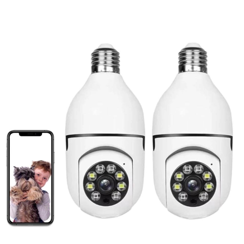 2 Piezas Cámara de Bombilla, Cámara IP con Bombilla E27 Cámaras PTZ 360 Grados Camara WiFi Exterior Visión Nocturna en Color + Detección de Movimiento + Audio Bidireccional