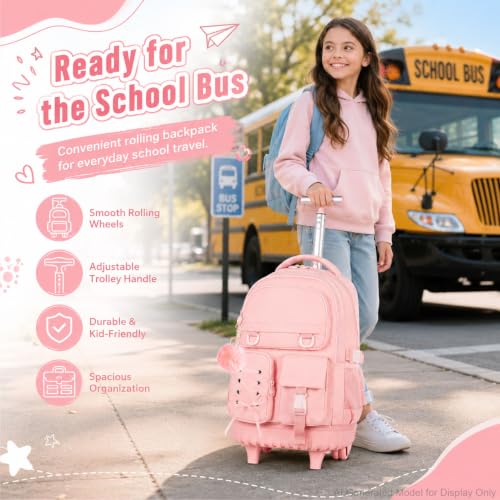 UFNDC 3PCS Rolling Backpack for Girls, Women Pink Roller Backpacks with an Interlaced Ribbon Bow, Water-Resistant Travel Wheeled Bookbag by UFNDC - Used condition - Image 2
