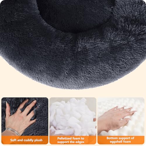 HMTOPE Orthopädisches Hundebett rund Hundekissen Hundesofa Katzenbett Donut Kuscheliges Hundekorb Waschbar, 90 cm Ø, Dunkelgrau