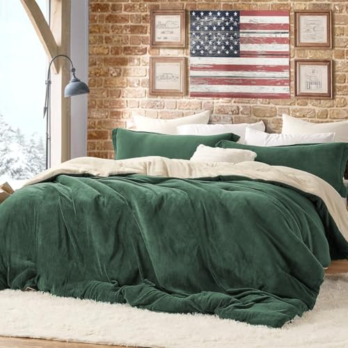 Lanqinglv Ropa de Cama mullida de 220 x 240 cm, Color Verde y Beis, para Invierno, de Felpa, de Franela Reversible, con Tacto de Cachemira, Funda nórdica con Cremallera y 2 Fundas de Almohada de 80 x