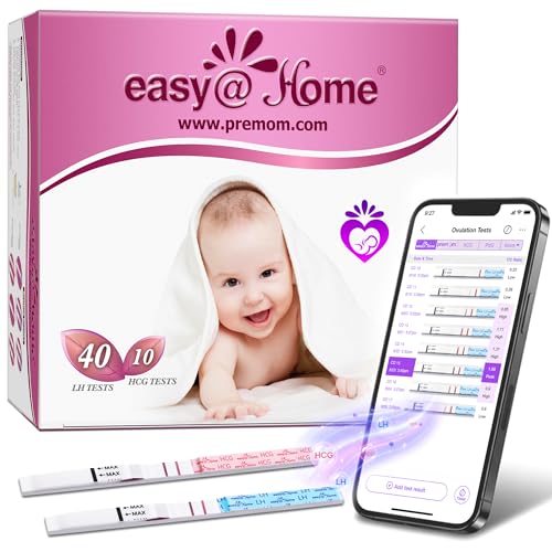 Easy@Home Ovulation Test Strips Powered by Premom Ovulation Predictor APP, FSA Eligible, 40 Ovulation Test and 10 Pregnancy Test Strips, 40LH +10HCG | Package May Vary