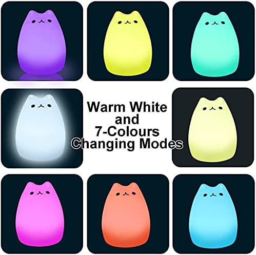  Children Multi-Colour Night Light with Remote,Silicone LED Cute Cartoon Cat Lamp, Warm White/12 Single Colours/7 Colours Changing, Brightness Adjustable, USB Rechargable