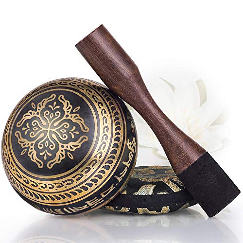 Tibetan Singing Bowl Set - Easy To Play With Dual-End Striker & Cushion - Creates Beautiful Sound For Holistic Healing, Meditation & Relaxation- Balance Pattern - Light Bronze Bowl- Yoga Singing Bowls #TOP7