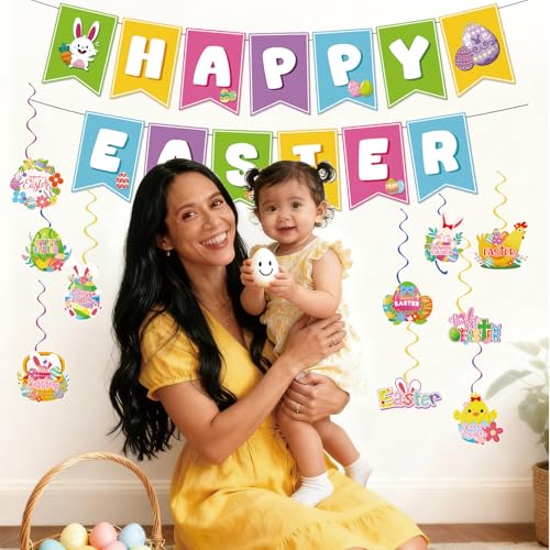 Image of Happy Easter Banner and Egg Bunny Chicken Hanging Swirls for Easter Party Decorations Indoor Outdoor Home Classroom Baby Showers 1st Birthday Decor