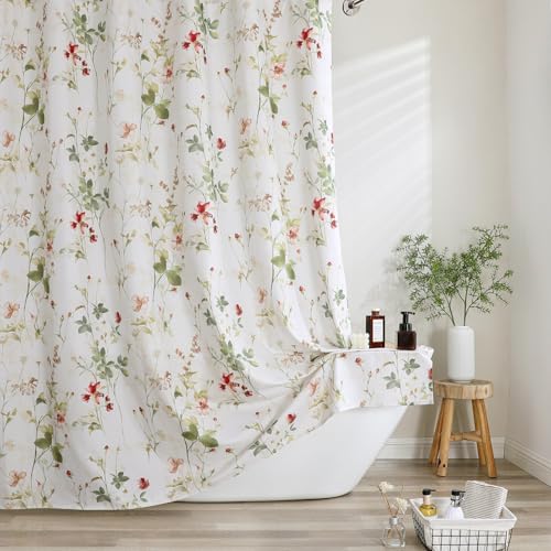 OVZME Floral Printed Shower Curtain 72 Inch Length, Farmhouse Soft Fabric Watercolor Leaf Floral Waterproof Shower Curtain for Bath Bathtub, Chic Boho Rustic Bathroom Decoration, 72Wx72L Inches