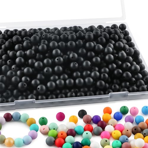 Sunrony 240Pcs 12mm Silicone Beads for Keychain Making, Round Silicone Beads for Pens and Necklace Bracelet Crafts Making(Black)