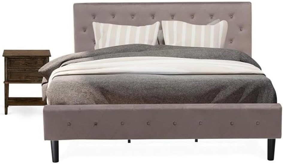 HomeStock Zen Zone 2 Piece Bedroom Set - Button Tufted Platform Bed - Velvet Fabric Upholstered Headboard and A Nightstand King/Distressed Jacobean/Brown Taupe