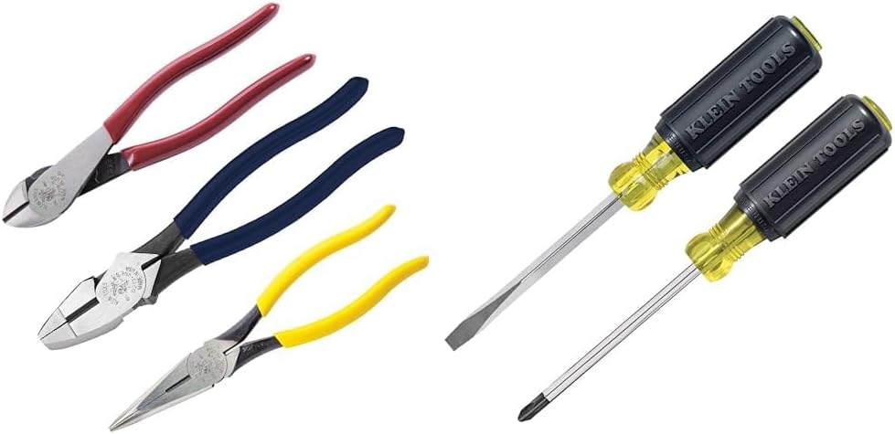 Klein Tools 80020 Tool Set with Lineman's Pliers, Made in USA, Diagonal Cutters & 85442 Screwdriver 2-Piece Set, Made in USA, 1/4 Keystone and #2 Phillips, Cushion Grip