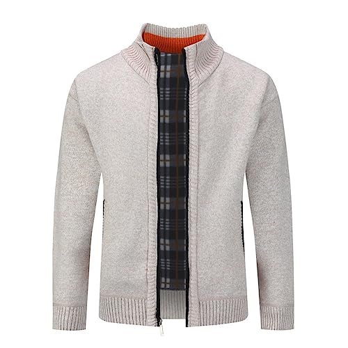 YOUTHUP Mens Fleece Cardigan Winter Solid Color Knitted Jacket Thick Warm Sweater, Beige, S