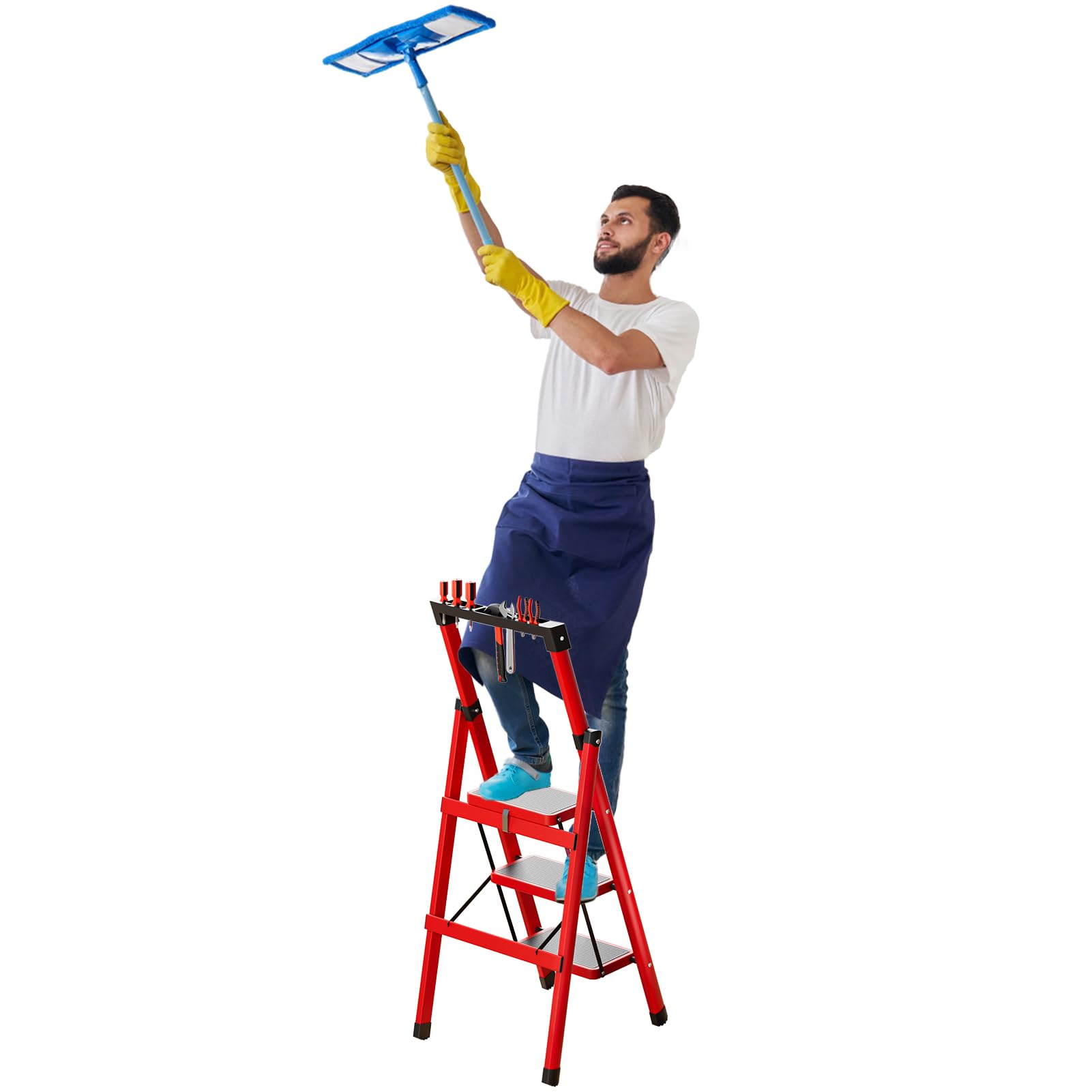 Escalera plegable de hierro de 3 peldaños con pedales anchos y soporta 150 kg en color rojo