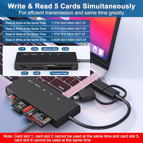 Memory Stick pro Duo Adapter Reader - 7 in 3 SD/TF/MS/CF/XD Card Reader for iPhone/USB-C/USB 3.0 5Gbps High Speed, Multi Memory Card Reader Adapter, XD Picture Card Reader Read 5 Cards Simultaneously - Thumbnail 4