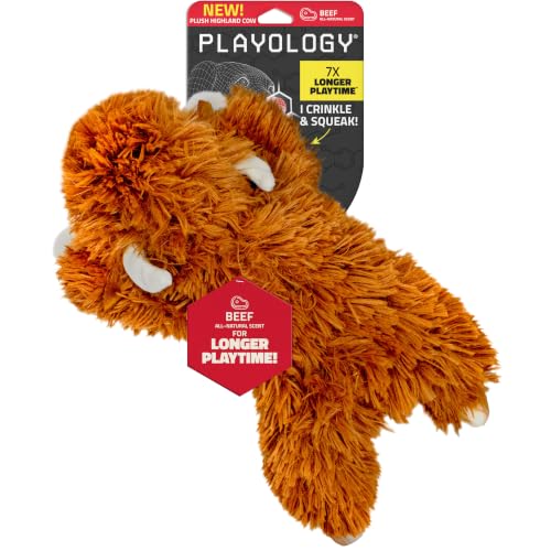 Playology Dog Toys | Plush Highland Cow Stuffed Animal | Beef Scented Jumbo Squeaky Toy | Plush Chew Toy for Large Dogs