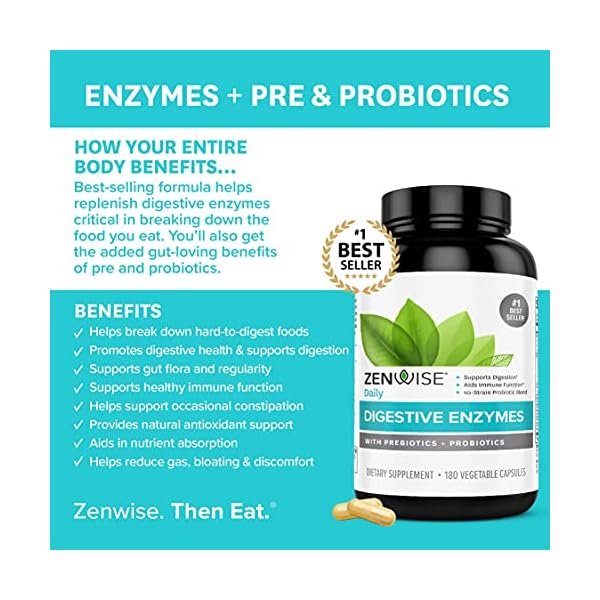 Zenwise Digestive Enzymes - Probiotic Multi Enzyme with Probiotics and Prebiotics for Digestive Health and Bloating Relief for Women and Men, Enzymes for Gut Health - 180 Count