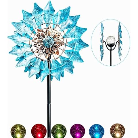 Solar Wind Spinner New Azure 75in Multi-Color Seasonal LED Lighting Solar Powered Glass Ball with Kinetic Wind Spinner Dual Direction for Patio Lawn & Garden Cover