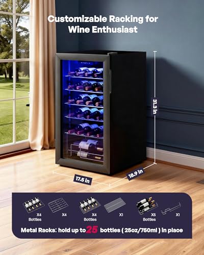 Image of Icyglee 25 Bottle Compressor Wine Cooler Refrigerator, Freestanding Wine Cellar with 41-64F Adjust Temp & Double-layer Glass Door for Red and White, Wine Cooler for Home Bar, Black