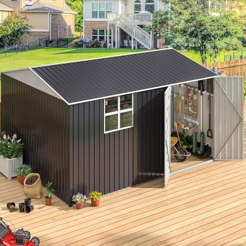 Image of Polar Aurora 10X12 FT Metal Outdoor Storage Shed with Window, Heavy-Duty Galvanized Steel Garden Shed with Lockable Doors and 4 Vents, Large Weatherproof Tool Shed for Backyard Patio Outside, Black