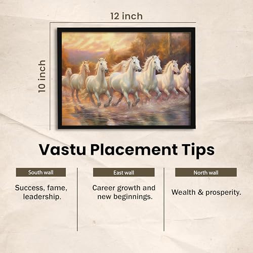 Image of PAINTINGMANTRA 7 White Running Horses Vastu Framed Wall Art | Symbol of Success, Harmony & Positive Energy | Premium Wall Decor for Living Room & Office, 10x12 Inch