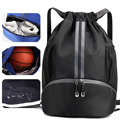 Veki Drawstring Gym Bag Waterproof, Sports Backpack with Shoe Compartment, Large Sport Gym Bag with Dry Wet Separation, Drawstring Backpack with Mesh Pockets for Sports, Swimming, Travel (Black)