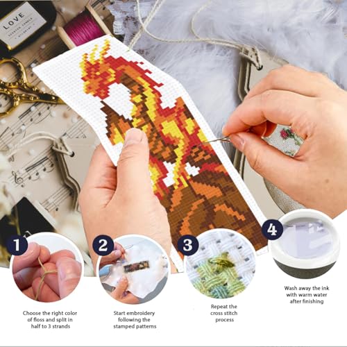 Image of INFUNLY 6PCS Dragon Cross Stitch Bookmark Kit for Adults Books Cross Stitch Kits DIY Crossstitch Kits Flying Dragons Stamped Embroidery Bookmark Kit with Instructions for Book Lovers Readers