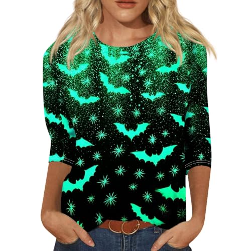 Image of Women Spooky Halloween Graphic Shirt 3 /4 Length Sleeve Crewneck Top | Halloween Funny Printed Pumpkin Plus Size Tshirts 2026 Fall Outfits Skeleton Tee Going Out Tops