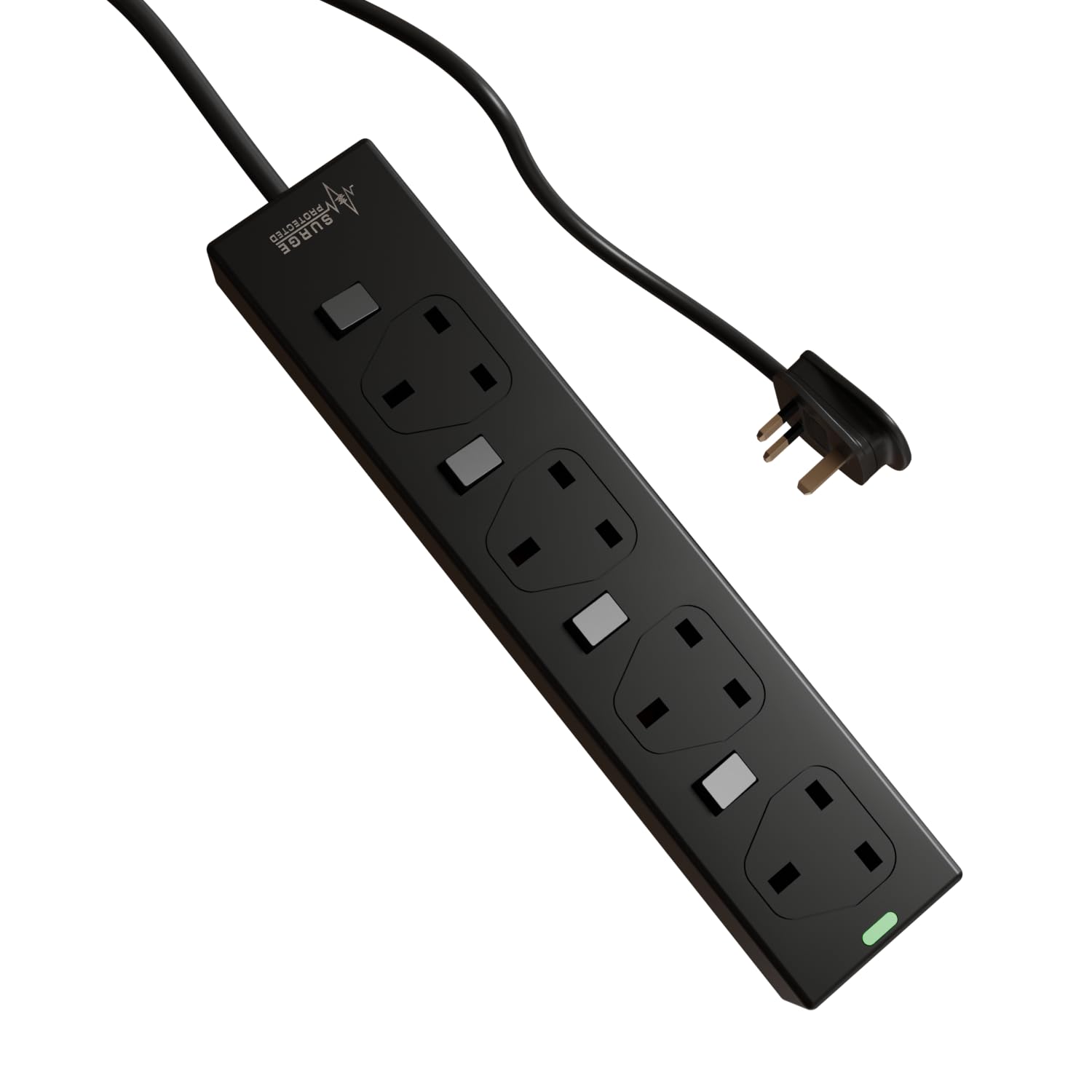 rhinocables 4 Gang Individually Switched Mains Extension Lead Cable, Surge Protected Power Strip Extender with 4 Sockets and Cord, 13 Amp Trailing Socket for Dual 3 Pin UK Plug (Black, 3m)