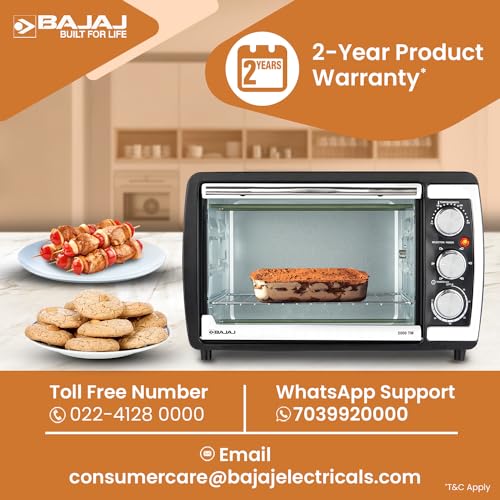 Image of Bajaj 2000TM 20Ltr Oven Toaster Griller (20L OTG) | 1400 Watts Oven For Kitchen | Grilling, Baking, Toasting & Rotisserie | Transparent Glass Door | Temperature & Timer Control | 2 Yr Warranty 【Black】