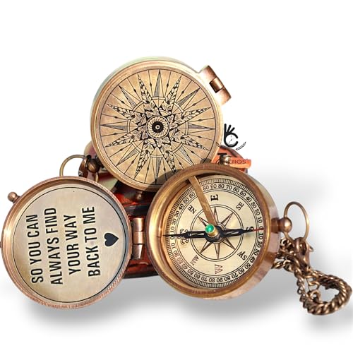 Brújula vintage de latón con cita grabada – “Para que siempre puedas encontrar tu camino de regreso a mí” – Brújula náutica antigua con estuche de cuero miniatura 2