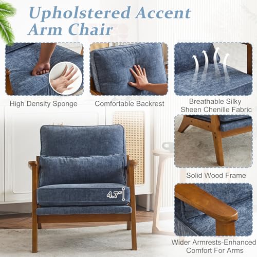 VINGLI Solid Wood Wide Armrests Accent Chair,Upholstered Mid Century Modern Chair with Pillow,Comfy Reading Chair Farmhouse Arm Chair,Chairs Living Room,Bedroom,Guest Room,Chenille Fabric,Dark Blue - Image 5