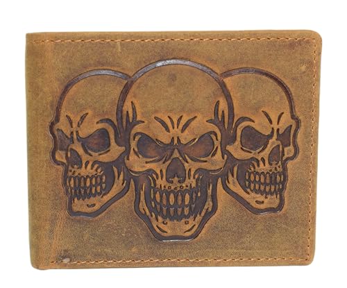 MARSHAL Men’s RFID Blocking Vintage Leather Bifold Wallet with Triple Skull Debossed Design (Tan) - Main Image
