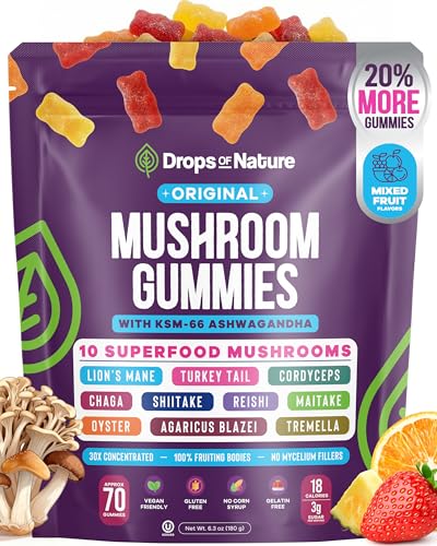 Drops Of Nature Mushroom Gummies 10-in-1 with KSM-66 Ashwagandha Lions Mane Turkey Tail Cordyceps Shiitake Tremella Oyster Agaricus Vegan Functional Superfood Gummies (Mixed Fruits 70 Gummies)