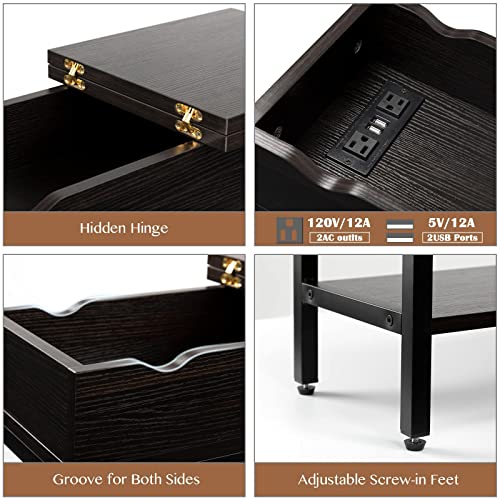 Hadulcet Side Table With Usb Ports And Outlets, Narrow Sofa End Table With Storage Shelf For Small Sapces, Nightstand With Charging Station Bedside Table For Living Room, Black Walnut #TOP5