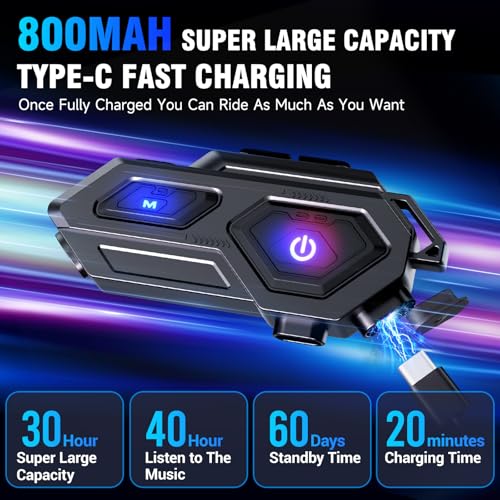 Image of EDYELL Motorcycle Bluetooth Headset,C8 Motorcycle Helmet Speakers with 2 Type Mics,Connects Two Mobile Phones,LED Emergency Lights,HiFi Stereo Calls,IPX6 Waterproof,Compatible with All Helmets