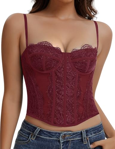 Image of Lace Corset Tops for Women Sexy Going Out Bustier Top Sleeveless Adjustable Straps Crop Tops with Back Hooks