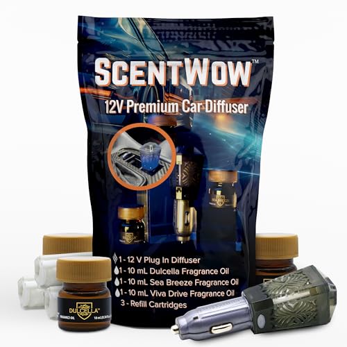 Drive Time ScentWow Fragrance Oil Bundle with Plug-In Diffuser (12V), 3 Premium Fragrance Oils...