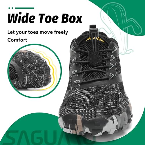 Primer plano de las zapatillas SAGUARO destacando su amplia caja para los dedos, permitiendo libertad de movimiento.
