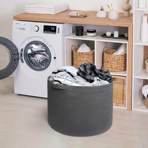 Image of MEGASKET Large Dark Grey Storage Basket, Woven Cotton Rope Baskets for Storage, Big Blanket Organizer Storage Basket for Living Room, Kids Room Toy Storage Organizer Box, Blanket Keeper (22 inchx14 inch)