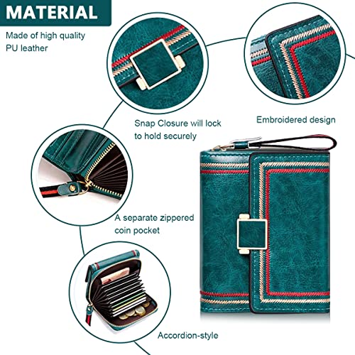 Image of PALAY Women's Bi-fold Leather Wallet - Turquoise Vintage Card Bag with Large Capacity and RFID Blocking