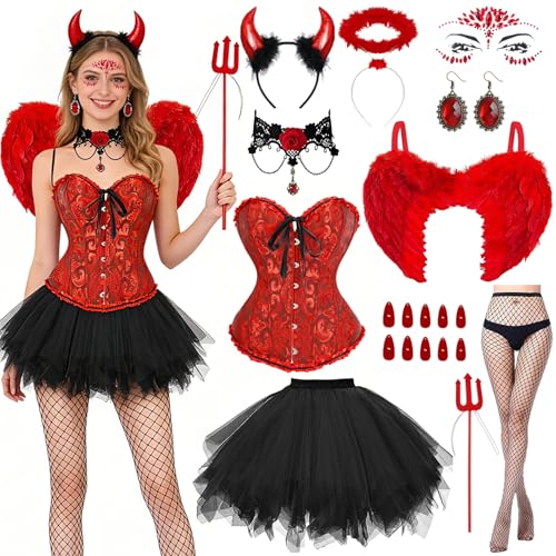 Teufel Kostüm Damen Rot Set, 11pcs Rot Engel Teufel Kostüm Frau mit Korsett Tüllrock Engelsflügel Teufelshörner Teufelskostüm, Faschingskostüme...