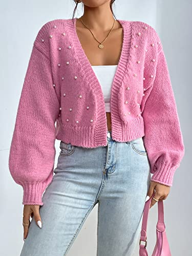Image of SHENHE Women's Pearl Beaded Open Front Cardigan Oversize V Neck Drop Shoulder Cropped Sweater