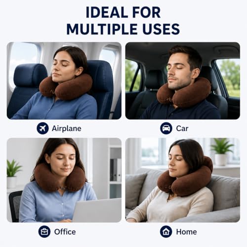Image of Restify Premium Memory Foam Travel Neck Pillow with Eye Mask | Soft Velvet U Shape Neck Support Cushion for Flight, Airplane, Car & Office Travel | Portable Pillow for Men & Women | Brown